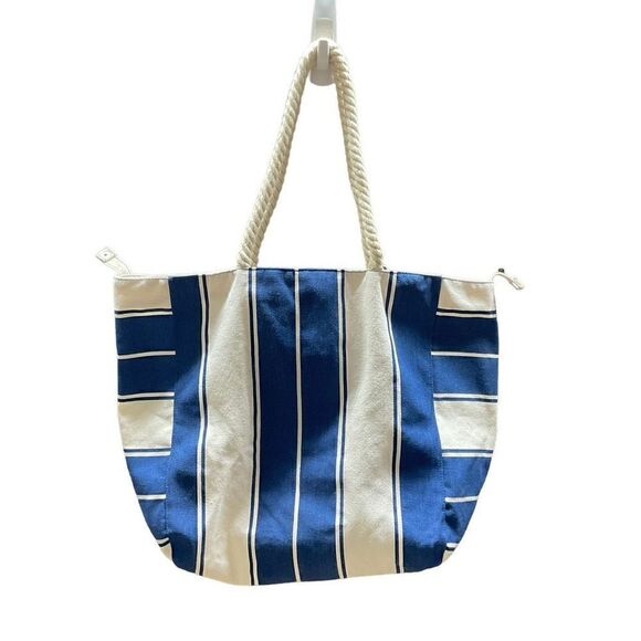 Lancome Tote Bag Canvas Soft Rope Handles Blue White Block Color Snap Closure - Picture 2 of 11